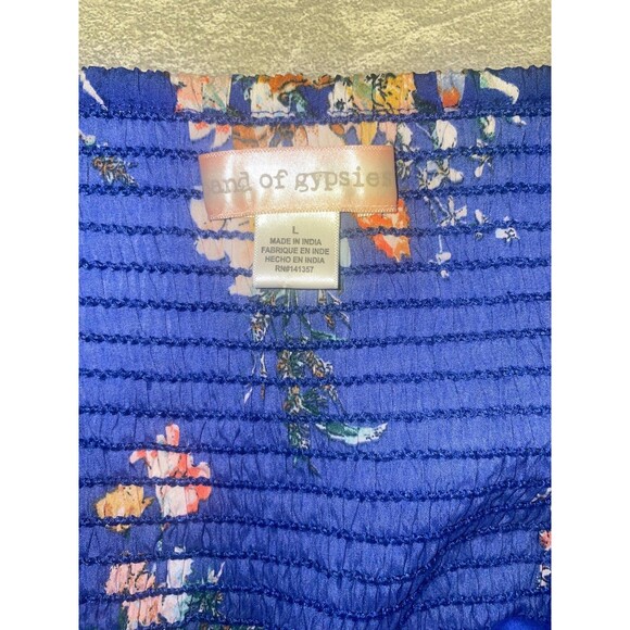Size Large Band Of Gypsies Jumpsuit Blue Floral Wide Leg Pockets Smocked Back - Picture 7 of 7